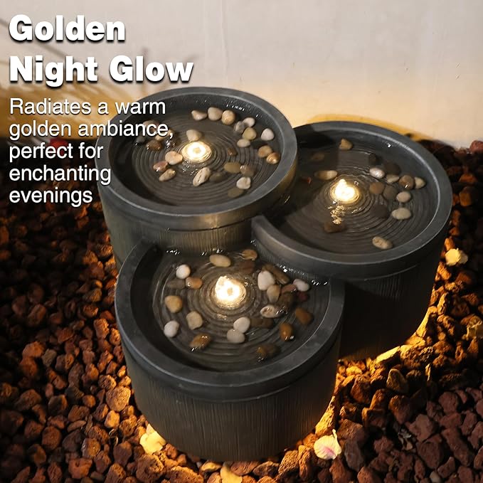 Sunlinua Small Modern Outdoor Water Fountain with 3 Led Lights Tiered Cascading Waterfall Feature with Quiet Pump Floor Water Fountain for Patio Garden Backyard Home and Indoor Décor Black Gray