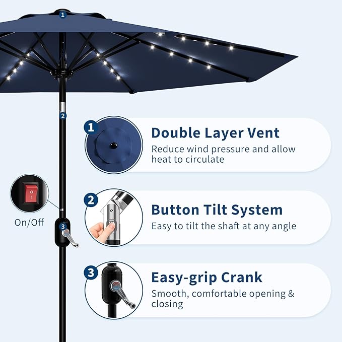 10 ft Patio Umbrella with Solar Lights, Outdoor LED Lighted Umbrella, 40 LED Lights & Tilt Crank, 8 Ribs for Poolside, Deck, Backyard