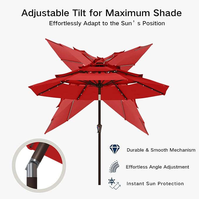 Kingdura 9ft 3-Tier Patio Umbrella with Solar Lights, Table Umbrella Outdoor Patio with Easy Crank & Tilt, 8 Sturdy Ribs, UV Protection, 32 LED Lights for Deck, Poolside, Market (Red)