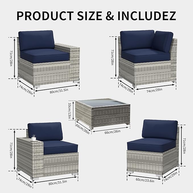 SHGJ&SOFT 6pcs Outdoor Patio Furniture Set, Waterproof Wicker Outdoor Sectional Couch with Thick Cushions, All-Weather Rattan Sectional Sofa