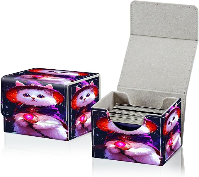 Card Deck Box for MTG, Cards Storage Box Fits 120+ Sleeved, Leather Small Size Strong Magnetic Closing Card Case for Board Games Magic TCG CCG Baseball Collection, Purple White Cat