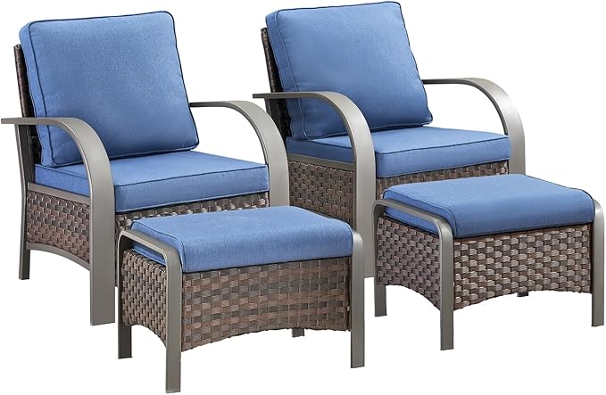 HUMMUH Outdoor Wicker Chairs Set of 2-All Weather Rattan Wicker Patio Chairs with Ottoman Small Outdoor Furniture Set for Deck Porch Garden Poolside Backyard-Brown/Blue