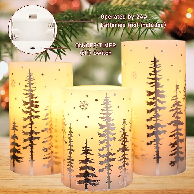 Christmas Flameless Candles, Battery Operated, Hot Stamping Silver Xmas Tree LED Flickering Candles with Remote and Timer, Holiday Decorative Pillar for Xmas, Party, Bedroom