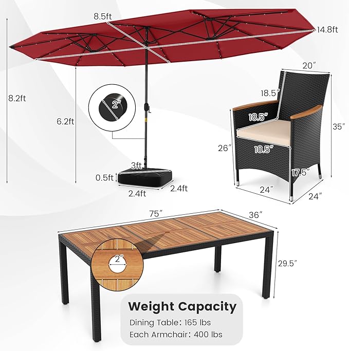 Tangkula 11 Pieces Patio Dining Set with Double-Sided Led Patio Umbrella (Base Included), with 8 Stackable Chairs, Acacia Wood Dining Table and Large Umbrella with Solar Lights (Burgundy + Off White)