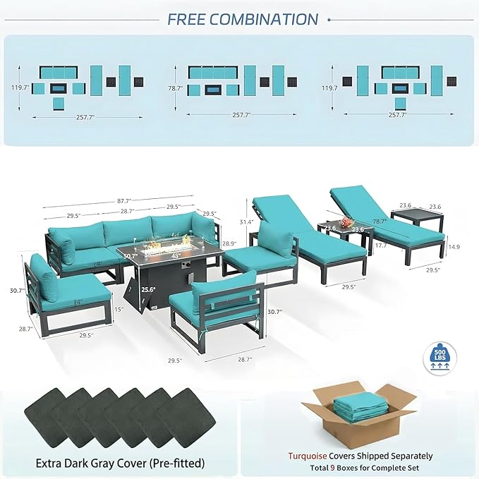 NICESOUL 11 Piece Extra Large Contemporary Aluminum Outdoor Furniture Set with Chaise Lounge & Fire Pit Table, 29" Deep Couch Set, 500 lbs High Weight Capacity Patio Sectional Sofa for Poolside, Teal