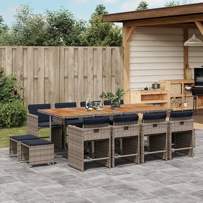 13 Piece Garden Dining Set, Patio Furniture with Foldable Chairs and Stools, Space Saving Cube Table for Backyard, Grey PE Rattan and Acacia Wood