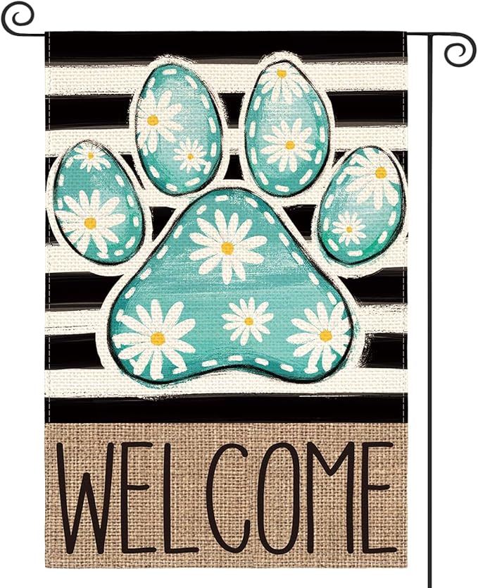 AVOIN colorlife Blue Paw Print Spring Garden Flag 12x18 Inch Double Sided Outside, Daisy Floral Welcome Stripes Yard Outdoor Flag