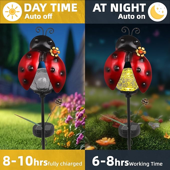 Solar Garden Ladybug Stakes Lights 2 Pack Outdoor Waterproof Metal Ladybug Decorations for Outside Yard Landscape Lawn Ornaments Lady Bug Garden Decor Unique Solar Light Decorative Gardening Gifts