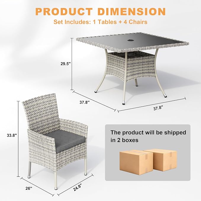 5-Piece Patio Dining Set, Patio Furniture Set with Square Tempered Glass Table & 4 Wicker Chairs, Expandable Design for Larger Groups, Outdoor Furniture for Backyard, Deck, Garden, Grey