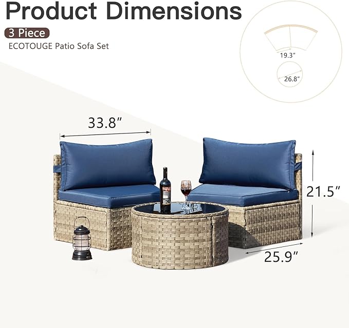 ECOTOUGE Curved Outdoor Sectional Sofa, 3 Piece Half-Moon Rattan Patio Furniture Set, Wicker Conversation Sets with Tempered Glass Round Coffee Table for Pool Backyard Patio Garden(Blue)