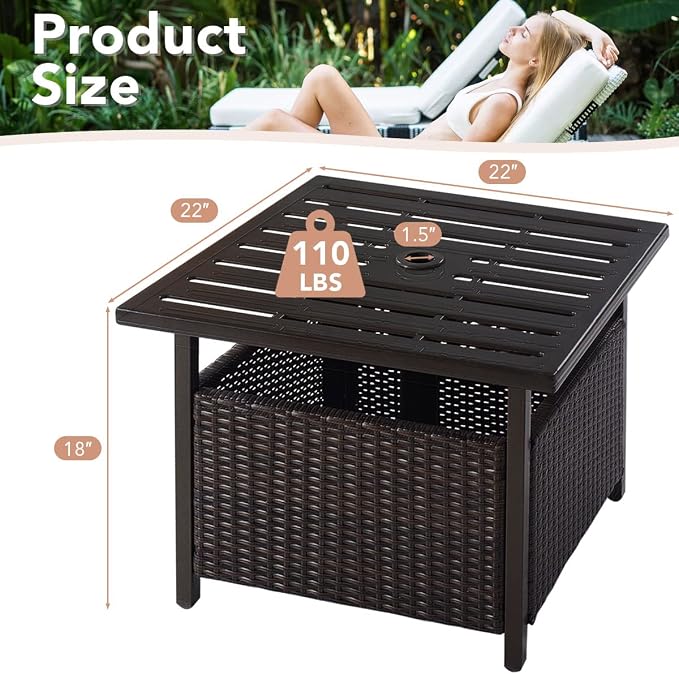 MAT EXPERT Umbrella Table with Hole, Outdoor Side Table w/ 1.57” Umbrella Hole, Steel Frame, Wicker Patio Umbrella Side Table Lawn/Garden/Poolside/Deck/Backyard, 22”x22”x18.5