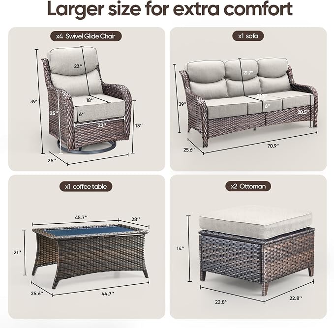 Swivel Patio Chairs sofa Set of 6 with 6" Thick Cushion - Wicker Outdoor Swivel Rocker Patio Chair ,Sofa/Glass coffee table, High Back Comfortable Outdoor Glider Chairs - Brown Wicker | Beige Cushions