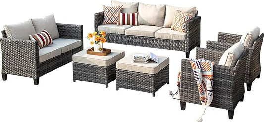 HOOOWOOO 6-Piece Luxury Patio Furniture Set–Comfortable Outdoor Rattan Sofa Set with Loveseat, 2 Chairs, 2 Ottoamns, Weather-Resistant Patio Conversation Set for Deck, Garden, Balcony (Beige)
