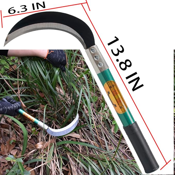 KEYI Weeding Sickle,Steel Grass Sickle,Manganese Steel Blade/Hardwood Handle Hand held Serrated Grass Hook Cutter - Great for Removing Unwanted Vines and Weeds. (13.8 in*6.3 in)