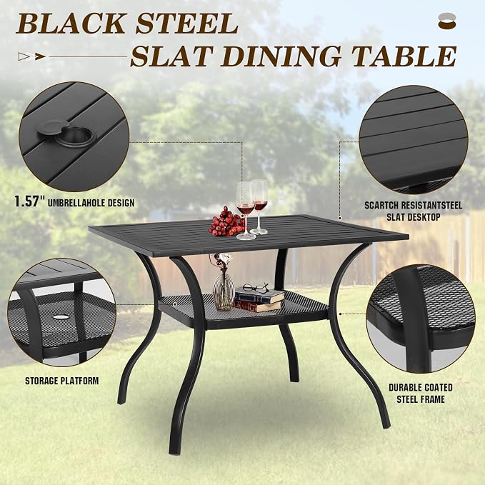 SUNCROWN 6 - Piece Outdoor Dining Set, Patio Furniture Set with 4 Textilene Dinning Chairs, 1 Steel Slat Metal Bistro Table and 1 Sky Blue 9Ft Patio Umbrella for Lawn Garden Backyard Deck, Grey