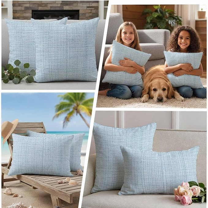 Outdoor Waterproof Throw Pillow Covers Set of 2 Blue Linen Texture Pillowcases 26x26 Inches Solid Color Decorative Pillows Cushion Case Patio Pillows for Couch Bed Chair Garden