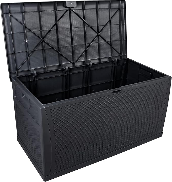 Henf 120 Gallon Outdoor Garden Plastic Storage Deck Box, Weatherproof Resin Container Storage Box Chest Table for Backyard Patio, Rattan-Look Design