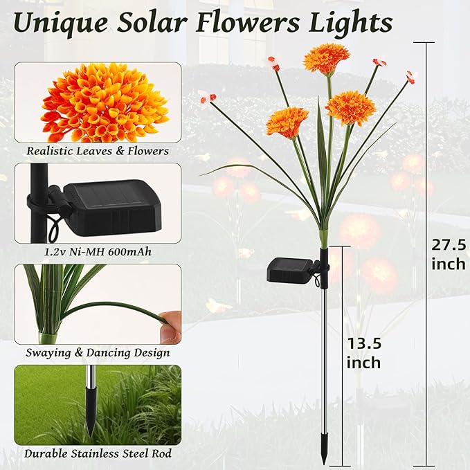 ZENFLORAL'S 2 Pack Solar Garden Lights with Flower and Swaying Bee Decor, Waterproof LED Solar Flowers Outdoor,2 Mode Light for Garden,Patio,Yard,Pathway,Decoration Gifts for Women Mother's Day