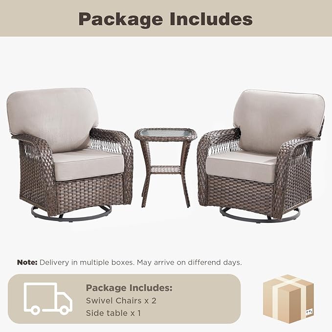Belord 3 Piece Patio Set,Swivel Patio Chairs Set with Side Table, All-Weather Wicker Backyard Balcony Porch Seating Group,Beige