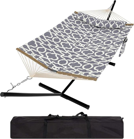 Double Hammock Set - Portable 500Lb Capacity for 2 Person w/Steel Frame, V Spreader Bar & Carry Bag - Freestanding Indoor Outdoor Use (Stripe)