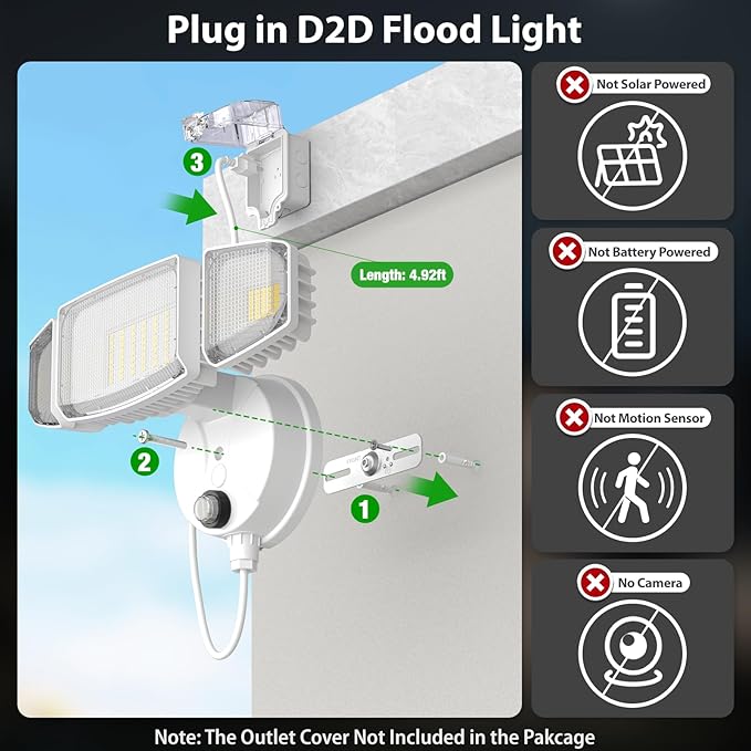 iMaihom 100W Dusk to Dawn Outdoor Lighting, 10000LM Plug in Flood Lights with Remote Control, 2 Modes IP65 Waterproof Led Exterior Security Light with Photocell, 6500K Floodlight for Yard Garage White