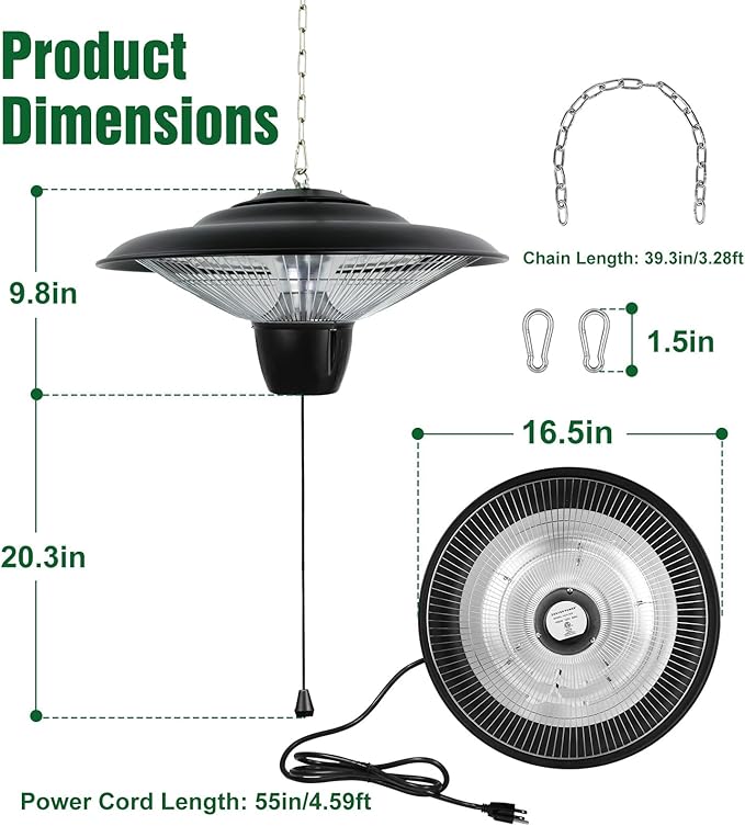Patio Heater, 1500W Outdoor Heaters for Patio Ultra-Quiet Electric Heating Lamp Waterproof with 2 Heating Levels Overheat Protection, Ceiling Mounted Heater for Porch, Garage, Balcony