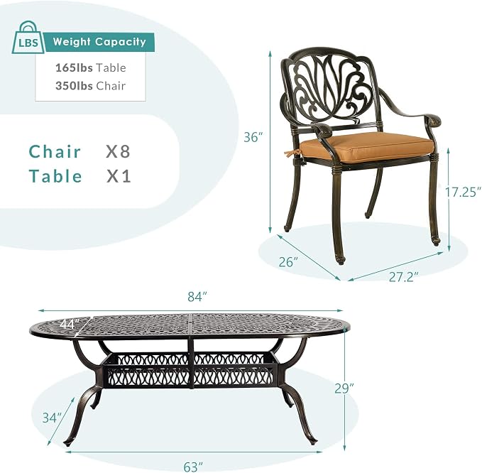 MEETWARM 9-Piece Outdoor Patio Dining Set, 8 Outdoor Dining Cushioned Chairs and 1 Oval Table with 2" Umbrella Hole, All Weather Cast Aluminum Patio Funiture Set for Backyard, Patio, Garden