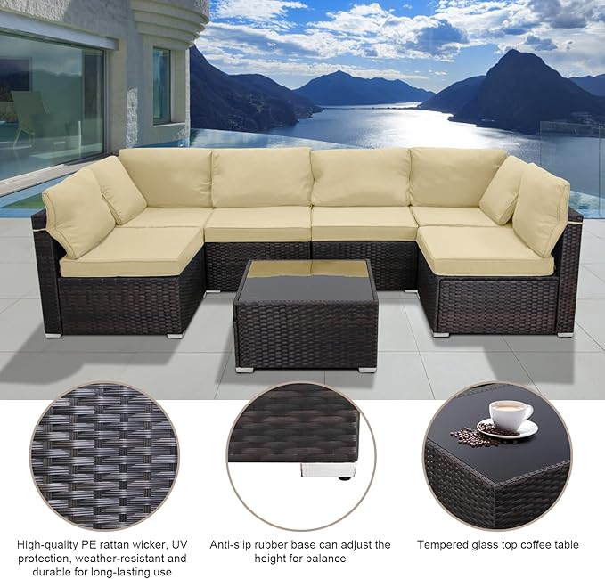 7 Pieces Outdoor Patio Furniture Sets,Rattan Conversation Sectional Set,Manual Weaving Wicker Patio Sofa with Tea Table