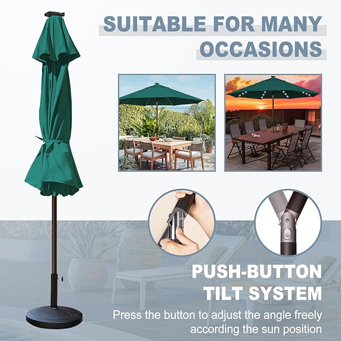 EliteShade USA 10-Year-Non-Fading 10ft Market Patio Umbrella, Commercial Grade Table Sun Umbrella with 80 Solar LED Lights, Crank Open, Windproof & UPF 50+ UV Protection for Garden, Deck, Pool, Backyard, Forest Green