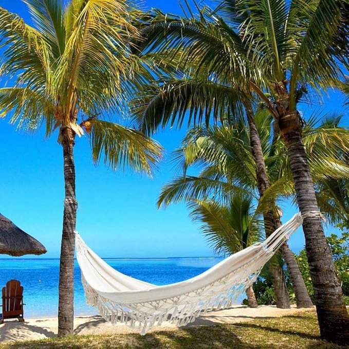 Boho Large Brazilian Macrame Double Hammock Swing Bed with Carry Bag for Patio,Bedroom, Yard, Beach, Indoor, Outdoor & Wedding Party Decor, White(Beige) Party