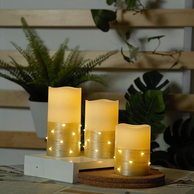 H-BLOSSOM Flickering Flameless Candles Ivory Real Wax Pillar with Embedded String Lights LED Candles Battery Operated with 10 Key Remote and Cycling 5H Timer Set of 3 (3" x 4"/5"/6") (Gold)