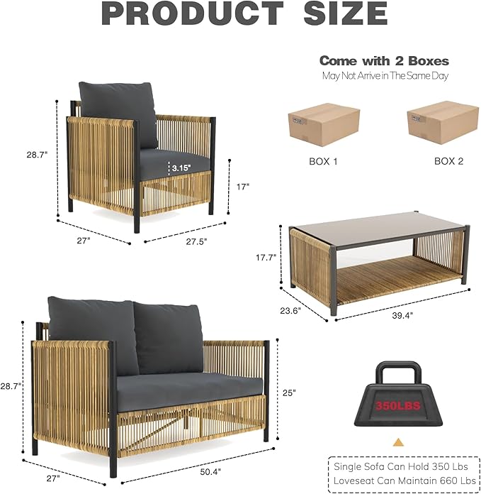 LUMISOL 4 Piece Patio Furniture Set, Outdoor PE Wicker Sofa Set with a Coffee Table and Removable Cushions, All Weather Patio Conversation Set for Patio, Garden, Backyard, Brown+Grey