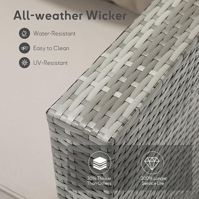 Bonzy Home 3 Pieces Outdoor Patio Furniture Set, PE Rattan Outdoor Sectional Furniture Sofa Set with Removable Cover and Glass Coffee Table, Patio Sofa for Balcony, Porch, Garden, (Grey-Grey)