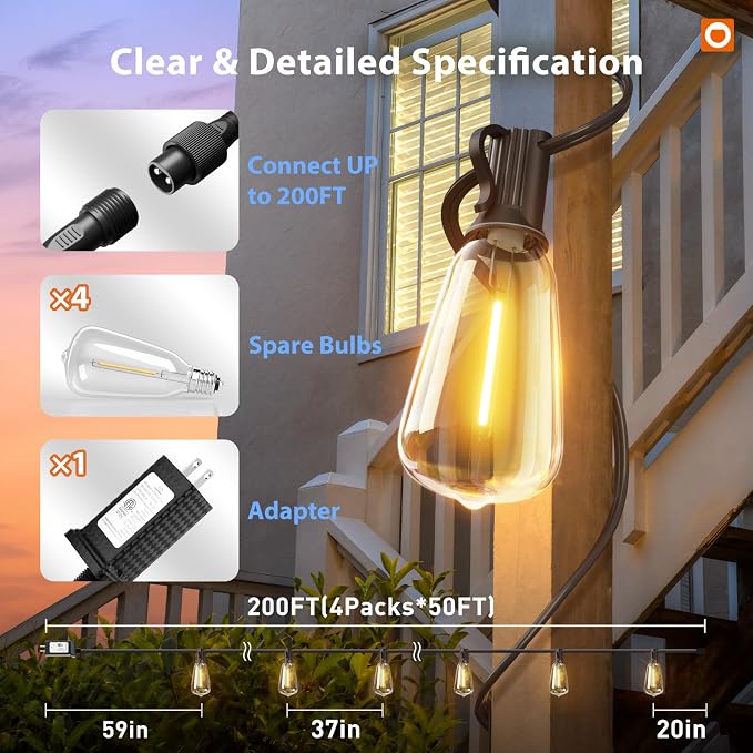 addlon 196(49FT*4) Outdoor String Lights with APP LED Edison Waterproof | Plastic ST38 Shatterproof Bulbs, Smart Extra Long Lighting, Hanging for Patio Outside Backyard Pergola Bistro Porch Garden