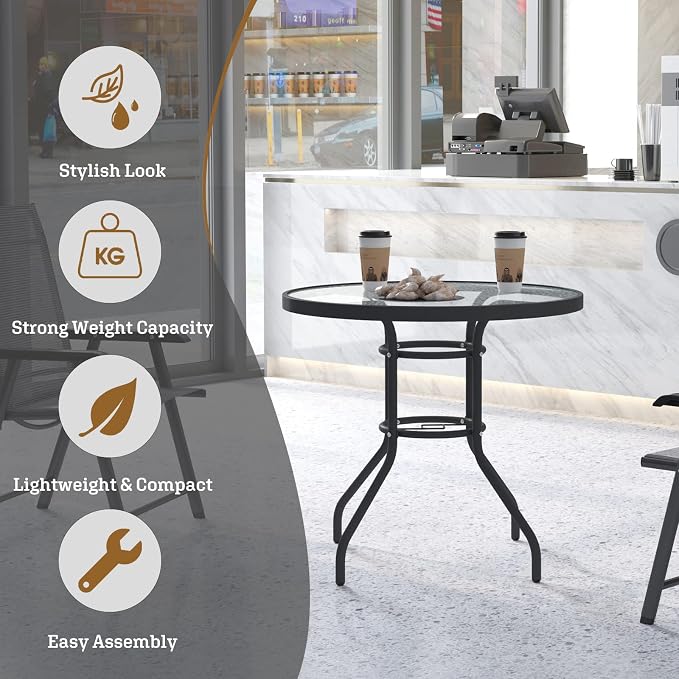 soges 31.5in Outdoor Patio Bistro Coffee Tea Table, Round Tempered Glass Steel Frame Dining Table with Umbrella Hole, All Weather Outside Desk for Garden Lawn Balcony Backyard, Black 30LHYW-OT05BK80