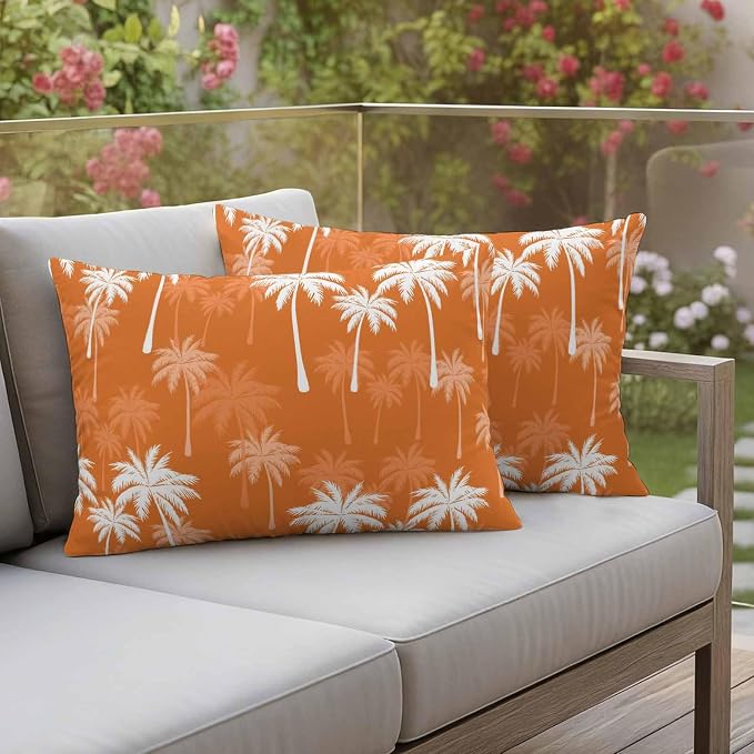 Lumbar Pillow Covers 20x12 Inch Set of 2, Tropical Palm Tree Waterproof Outdoor Pillow Covers, Orange White Plants Coastal Leaf Beach Decorative Cushion Pillowcases for Couch, Sofa, Bed, Garden, Patio