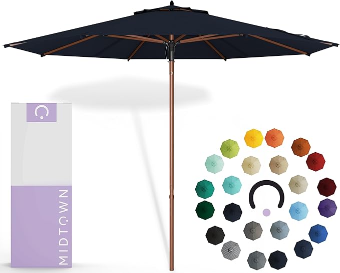 Midtown Umbrellas The Wooden 10 Feet Patio Umbrella With Sunbrella Canvas Navy Acrylic Fabric - Aluminum Frame Market Umbrella For Backyard, Deck, Garden, Pool - Wooden Pole