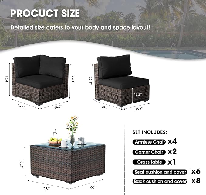 Grezone Patio Furniture Set 7 Piece Outdoor Wicker Sectional Sofa - All Weather High Backrest PE Rattan Couch Conversation Set with Cushion & Glass Top Table for Backyard Deck Porch Black