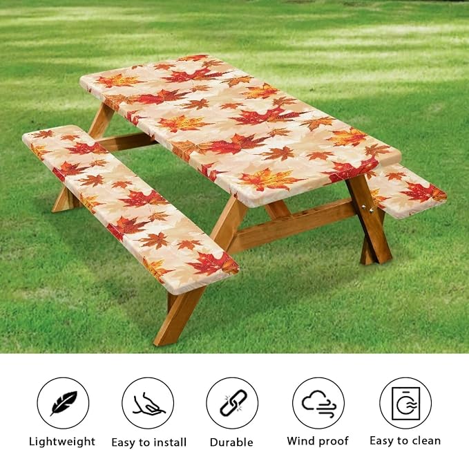 Fall Table Cover with Bench Covers Washable Rectangle Table Cover Outdoor Patio Camping Essentials Picnic Table and Chair Decorative Cover Suitable for Fall Thanksgiving