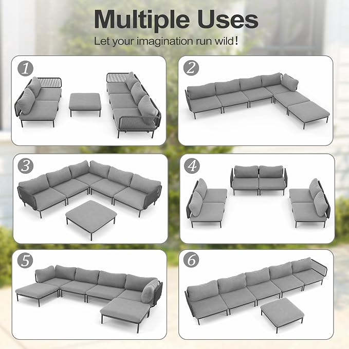 6-Piece Patio Furniture Set, Oversized Outdoor Sectional Sofa with Thick Cushions, Weather-Resistant Metal Frame Conversation Set for Backyard, Garden, Poolside - Dark Grey Cushions