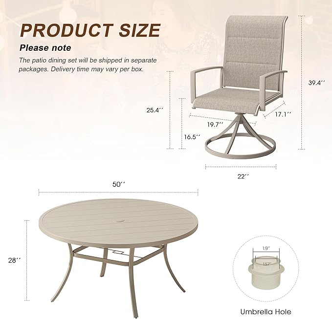 VICLLAX 7 Pieces Outdoor Dining Set, Patio Furniture Set Includes 50" Round Metal Table W/ 1.9" Umbrella Hole and 6 Padded Textilene Swivel Chairs for Porch, Lawn, Garden, Backyard