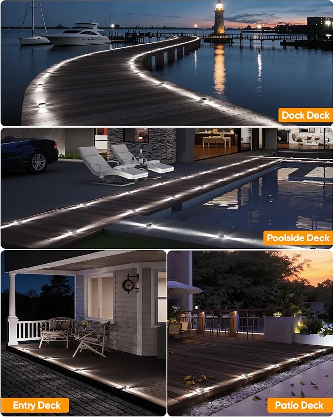 DetarZinLED Deck Lights Solar Powered, 4 Pack White Solar Pathway Driveway Light Outdoor IP68 Waterproof, Stick on & Screw Markers Deck Lights for Dock, Walkway, Sidewalk, Patio, Pool, Garden, Step