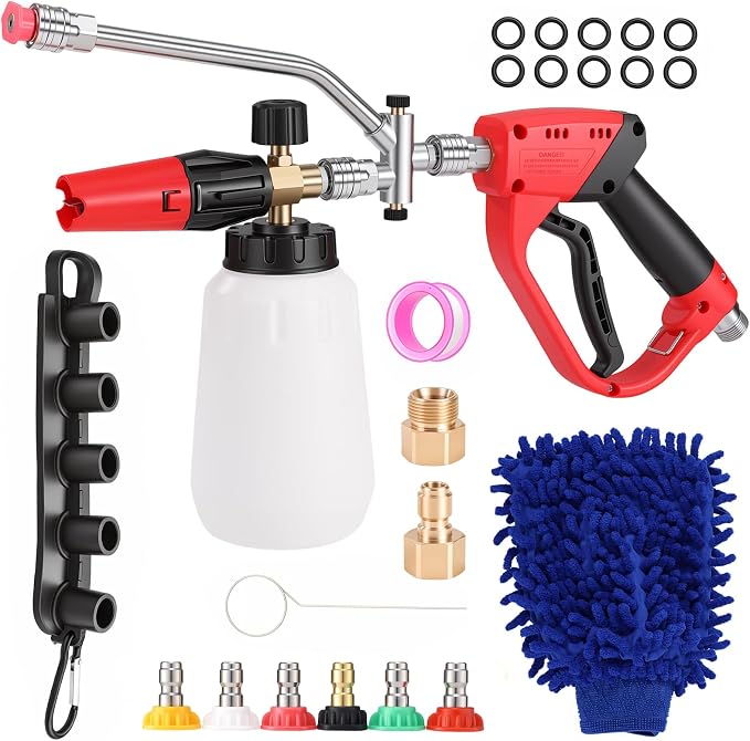 Foam Cannon for Pressure Washer, Dual Connector, 5000PSI Pressure Washer Gun, 2-in-1 Foam and Rinse Tool with 6 Nozzles, 1/4" Quick Connector for Car Truck SUV Washing