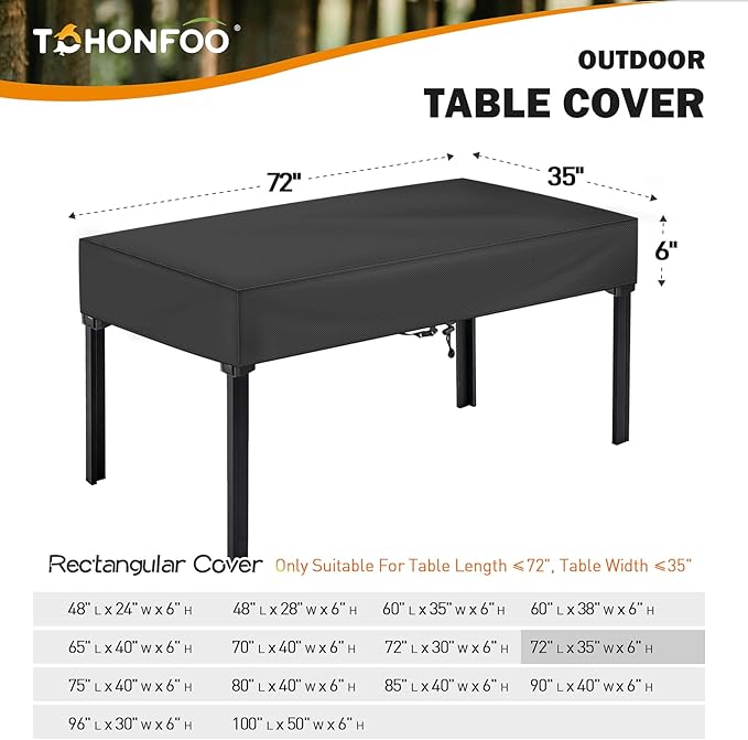 TOHONFOO Rectangular Patio Table Cover - Waterproof Anti-UV Outdoor Table Cover - Outdoor Patio Furniture Cover 72" L x 35" W x 6" H