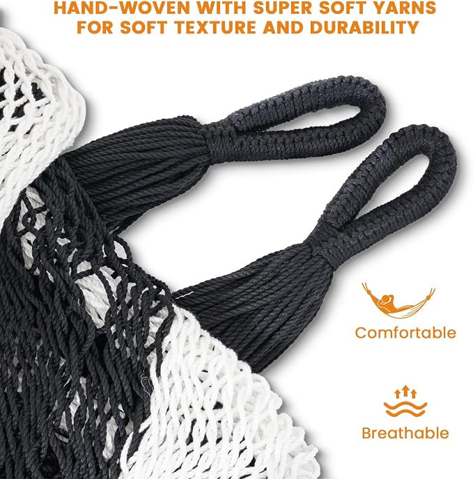 Lazy Daze Hammocks Handwoven Mayan Hammock with Heavy Duty Steel Stand, 10.5 FT Soft Rope Double Hammock for Patio Outside, 550 lbs Weight Capacity, Black/White