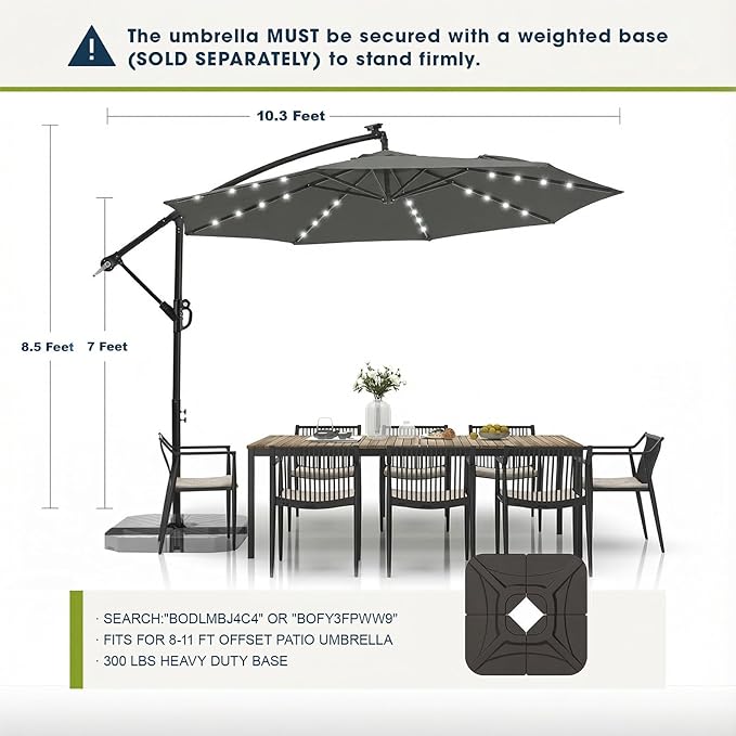 wikiwiki 10ft Solar LED Offset Patio Umbrella, Outdoor Cantilever Patio Umbrellas with Solor Lights for Backyard, Poolside and Garden, Easy Tilt Adjustment, 32 LED Lights & Polyester Shade, Dark Gray
