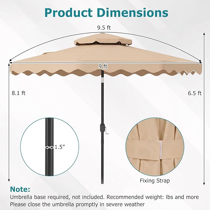 Happygrill 9 FT Patio Umbrella, Scalloped Outdoor Table Market Umbrella with Push Button Tilt & Crank, 2-Tier Vented Top, Heavy-Duty 8 Metal Ribs, Sun-Protective Canopy, Ruffle for Deck Pool Garden (Beige)