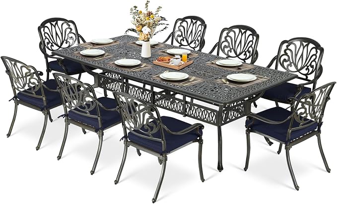 MEETWARM 9-Piece Outdoor Patio Dining Set for 8, All Weather Cast Aluminum Patio Funiture Table and Chairs Set- 94.5” Rectangular Table and 8 Cushioned Chairs for Garden, 2" Umbrella Hole, Navy Blue