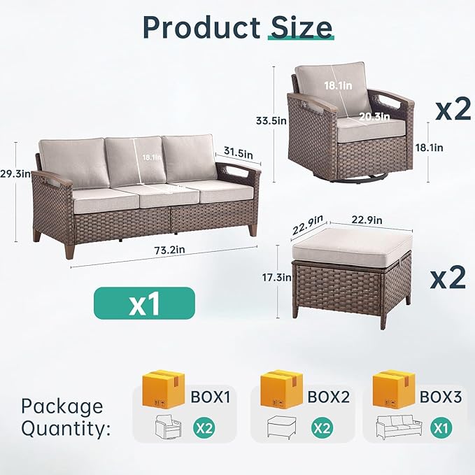 Luxury 5 Piece Heavy Duty Patio Furniture Set with Swivel Chair - All Weather Wicker Comfort Thick Cushion Outdoor Conversation Set with 3 Seat Sofa & Ottoman for Porch Poolside Deck - Beige