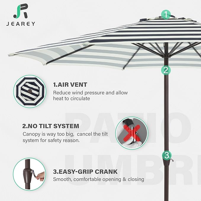 JEAREY 12' Patio Umbrellas Outdoor Table Market Umbrella w/Crank, 8 Sturdy Ribs, UV Protection Windproof for Garden, Deck, Backyard, Pool(Beige & Black Striped)